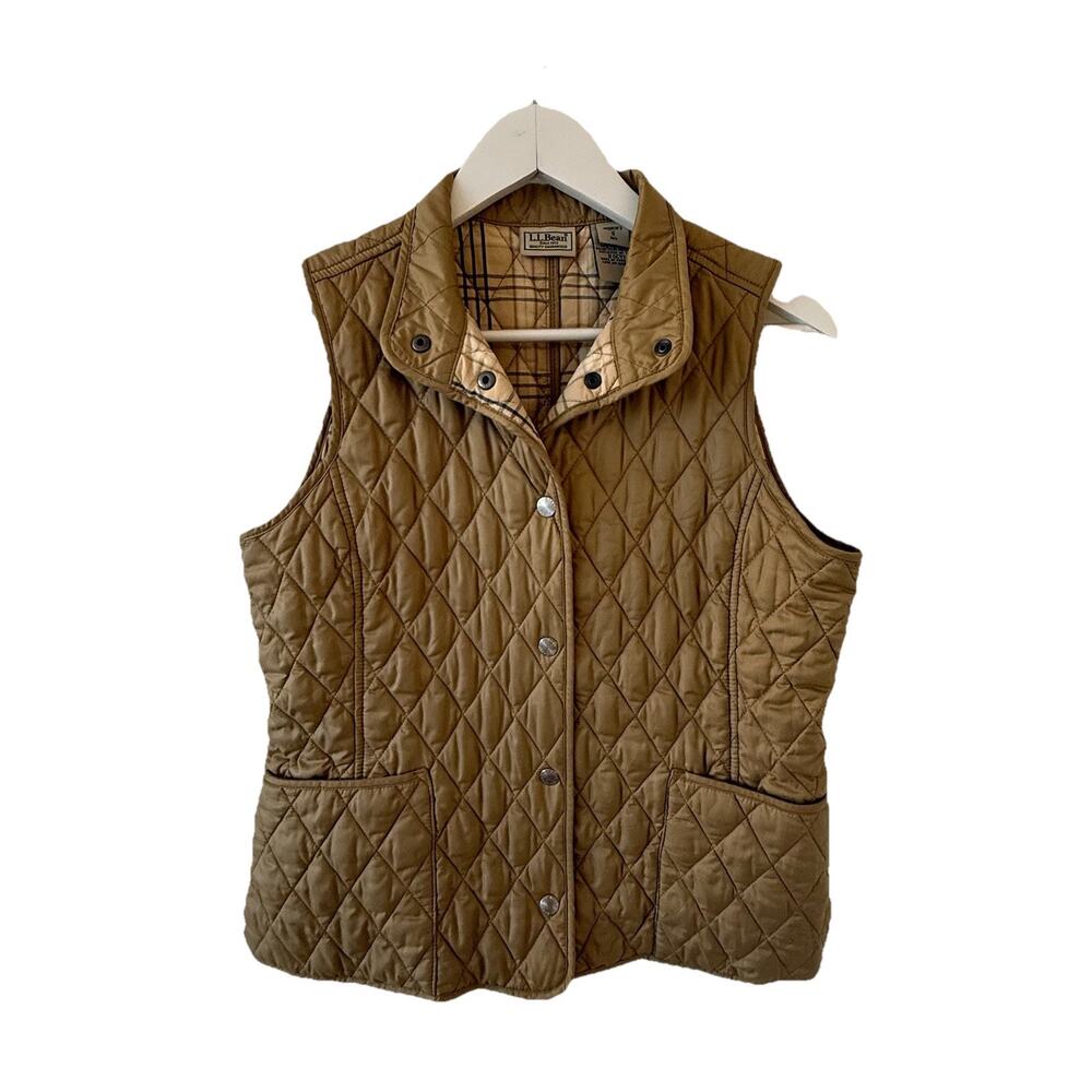 L.L. Bean Quilted Beige tan‎ vest plaid lined preppy size S fall spring neutral